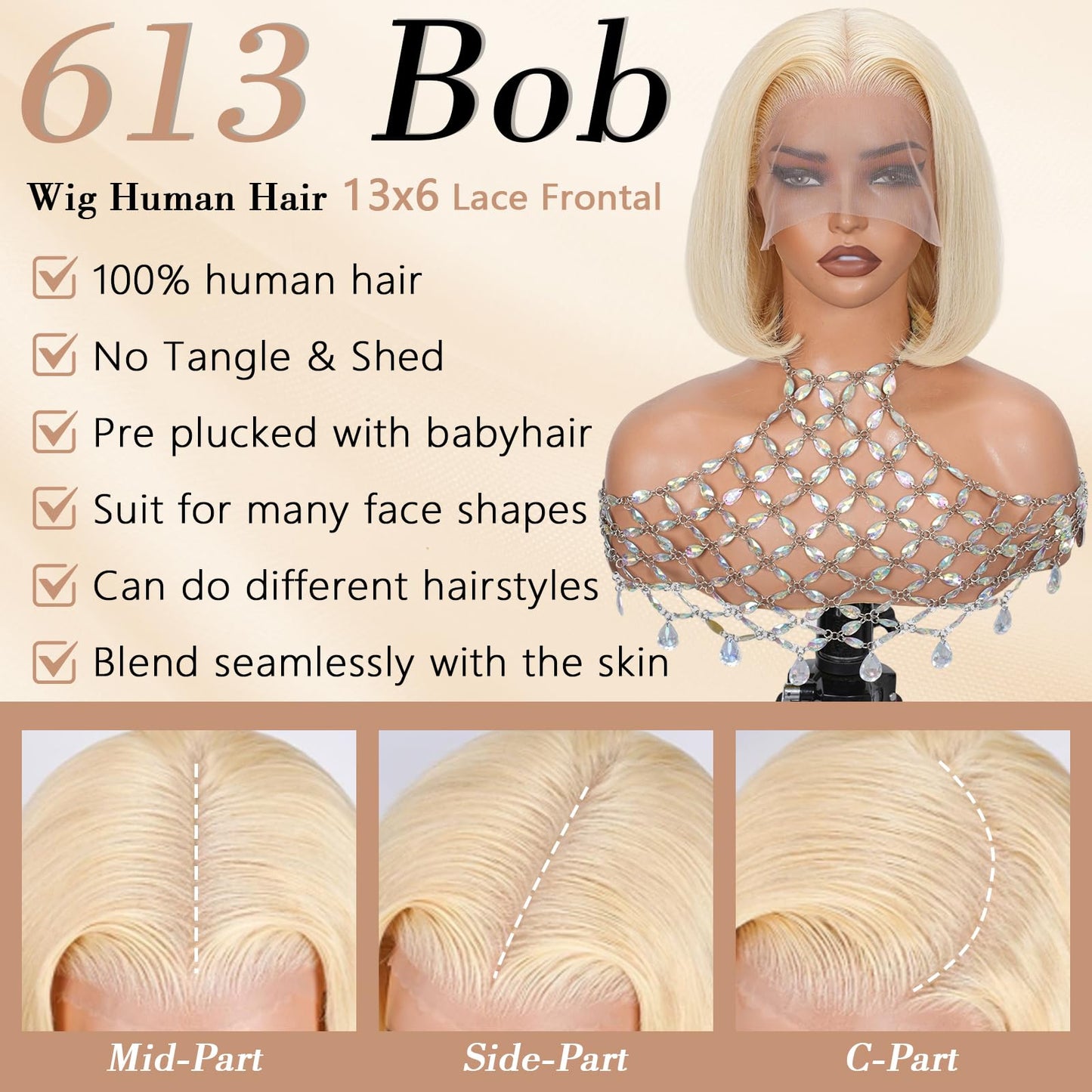 Geomone 16 Inch Blonde Bob Wig Human Hair 180 Density HD Lace Front Wigs Pre Plucked With Baby Hair 613 Bob Wig Human Hair 13x6