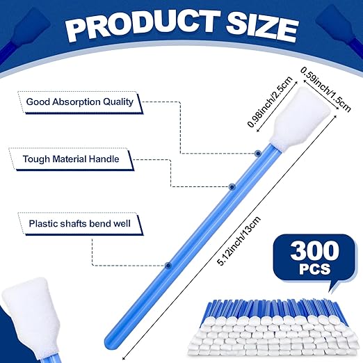 Dunzy 300 Pcs Foam Cleaning Swab Stick 5.12" Blue Square Rectangle Sponge Tip Swabs for Solvent Format Inkjet Printer Optical Equipment