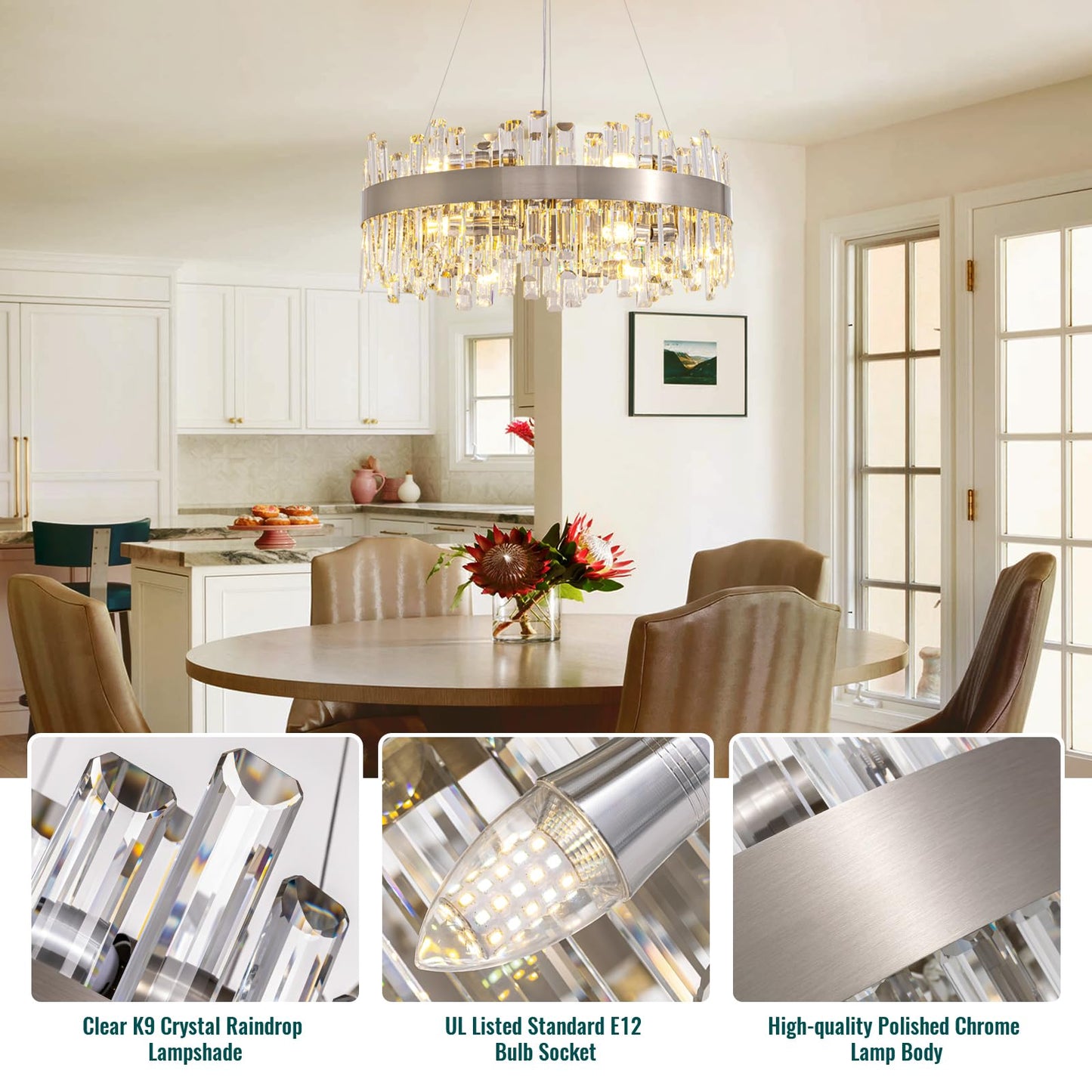 Siljoy Modern Crystal Chandelier 12-Light Brushed Nickel Luxury 2-Tiers K9 Crystal Raindrop Chandelier Dimmable Crystal Ceiling Light for Dining Living Room Kitchen Entryway Foyer D23.6''