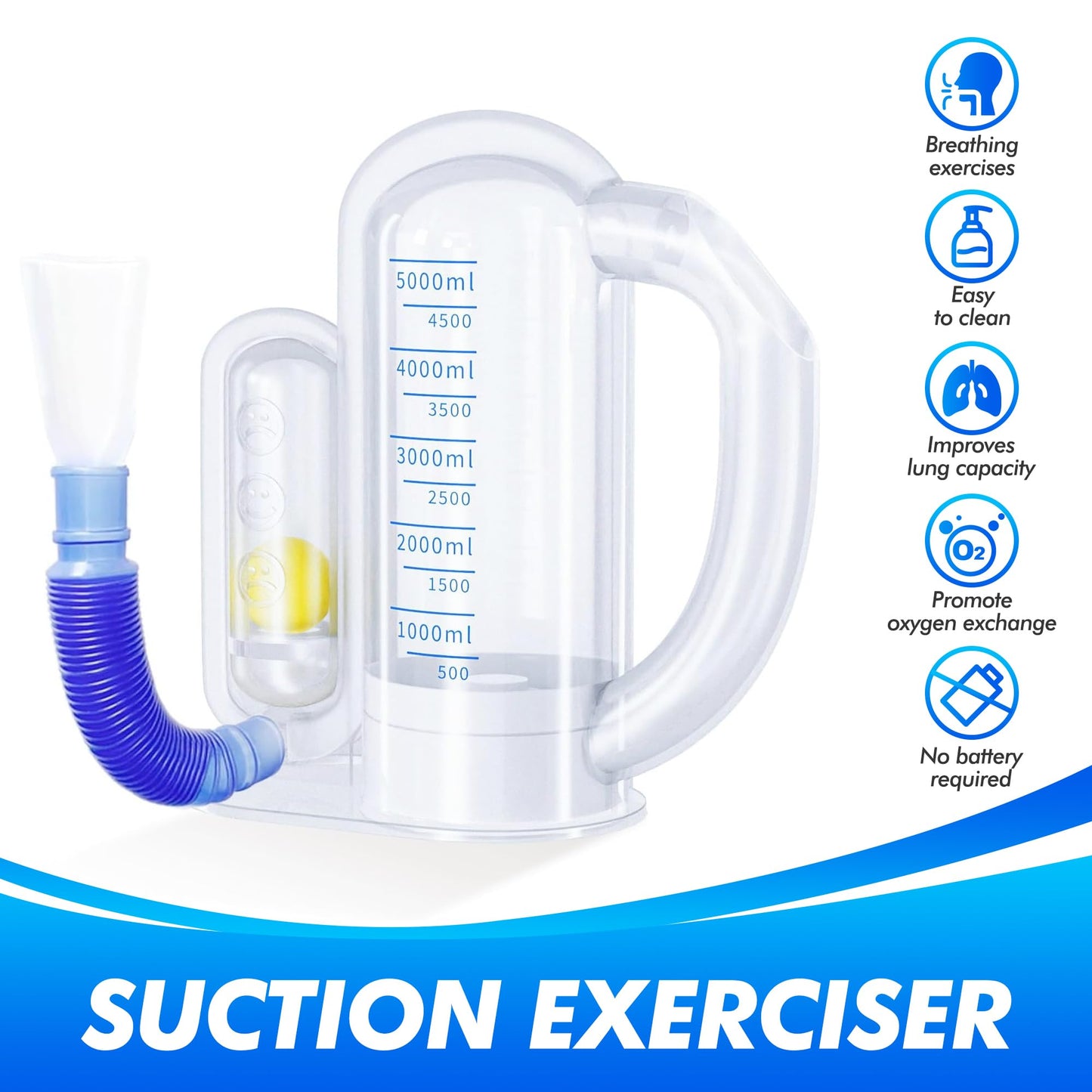Incentive Spirometer Adult,Breathing Exercise Device for Lungs,Breathing Trainer,Spirometer Lung Exerciser-5000ml Volume Measurement with Flow Rate Indicator