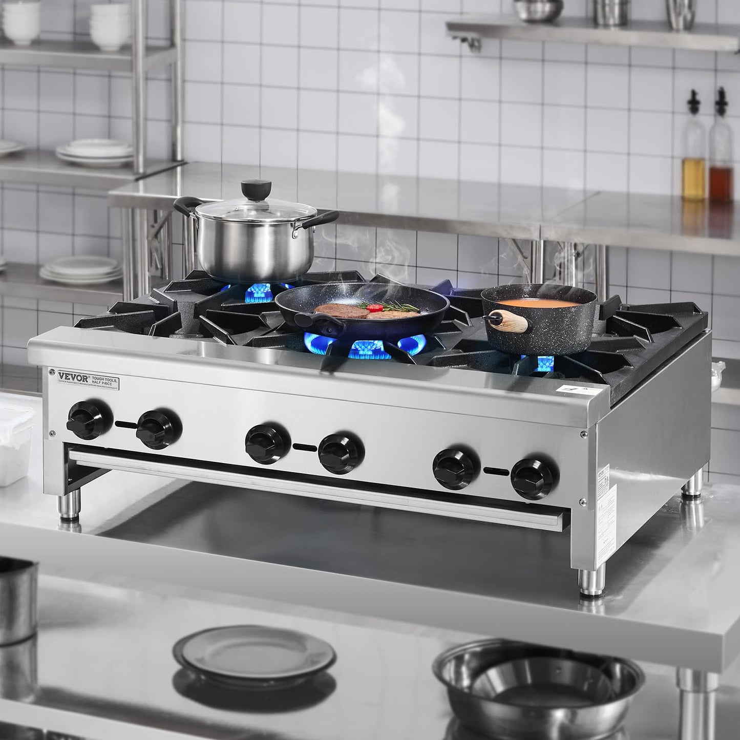 VEVOR Commercial Gas Stove with 6 Burners, Propane and Natural Gas Countertop Cooking Stove Range, Stainless Steel Gas Hot Plate, Commercial Cooking Equipment for Restaurant, 168,000 BTU