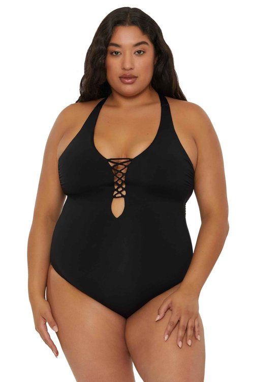 BECCA ETC. Color Code - Women's Plus Size One Piece Swimsuit, Plunge Neck, Bathing Suits for Women, Black, 2X