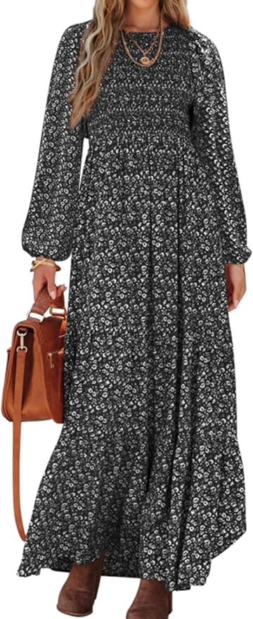 PRETTYGARDEN Women's Spring Dresses 2026 Long Sleeve Flowy Casual Floral Maxi Dress Crew Neck Smocked Tiered Long Dress