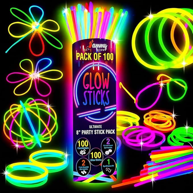 Ammy Glow – 205 Pcs Glow Sticks Bulk Party Pack – Glow in the Dark Party Supplies with Glow Bracelets & Necklaces – New Ye...