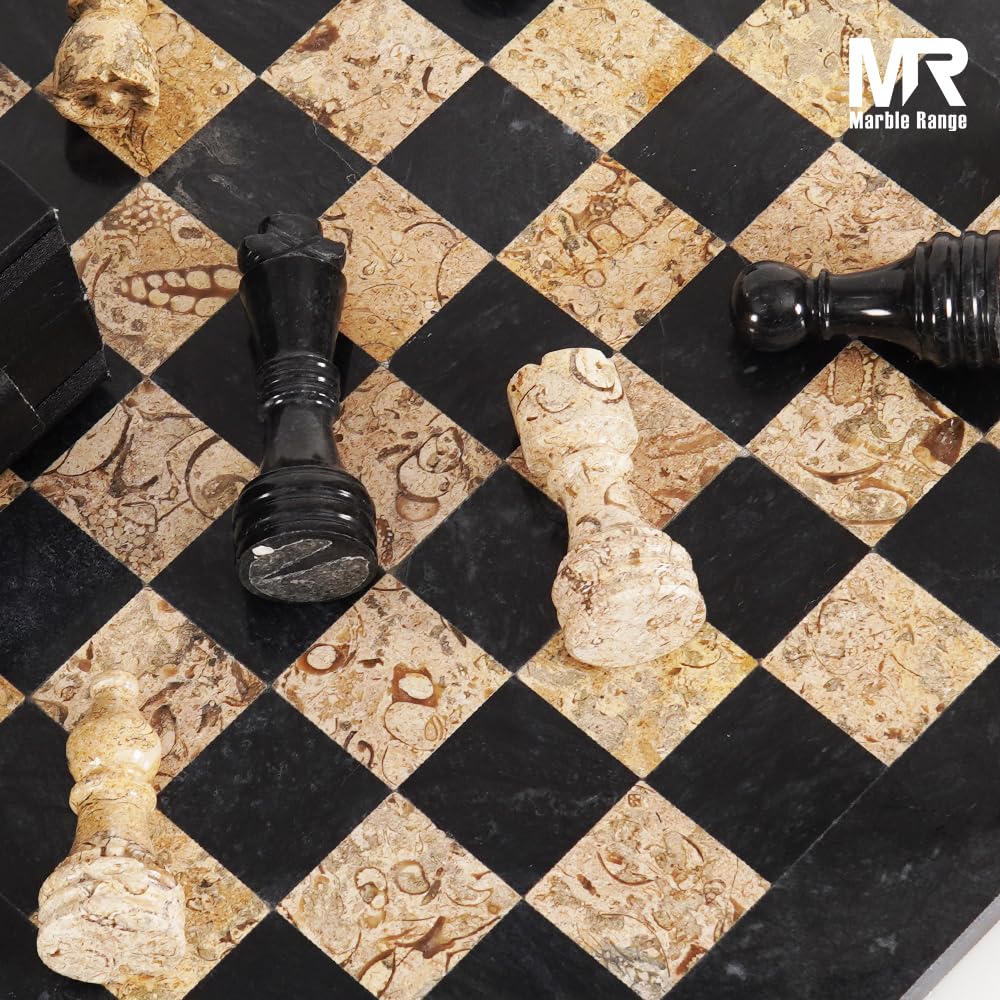 Marble Chess Set for Adults 15" Handmade Black & Coral Board Game with 32 Chess Pieces, 2 Extra Queens & Storage Box, Luxury Travel Game – Elegant for Home Decor