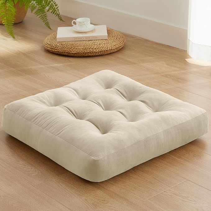 SM-XLHN Meditation Floor Pillow Set of 1, Square Large Pillows Seating for Adults, Meditation Cushion Pillow,Tufted Corduroy Cushion for Tatami Living Room or Yoga, Beige, 22x22 Inch