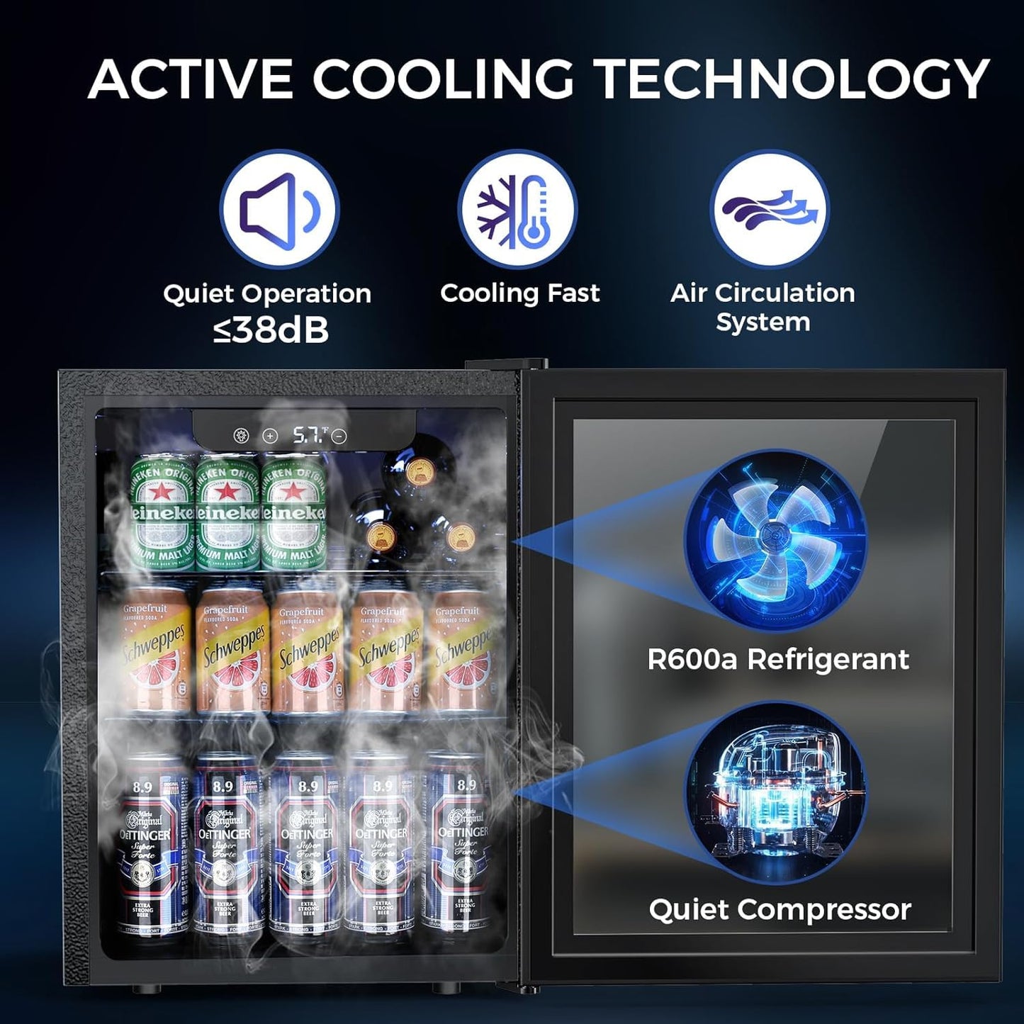Electactic 1.7 Cu.ft Beverage Refrigerator Cooler, 68 Can Mini Fridge Glass Door with Adjustable Shelves, Digital Temperature Display, Freestanding Small Drink Fridge for Home, Office or Bar(Black)