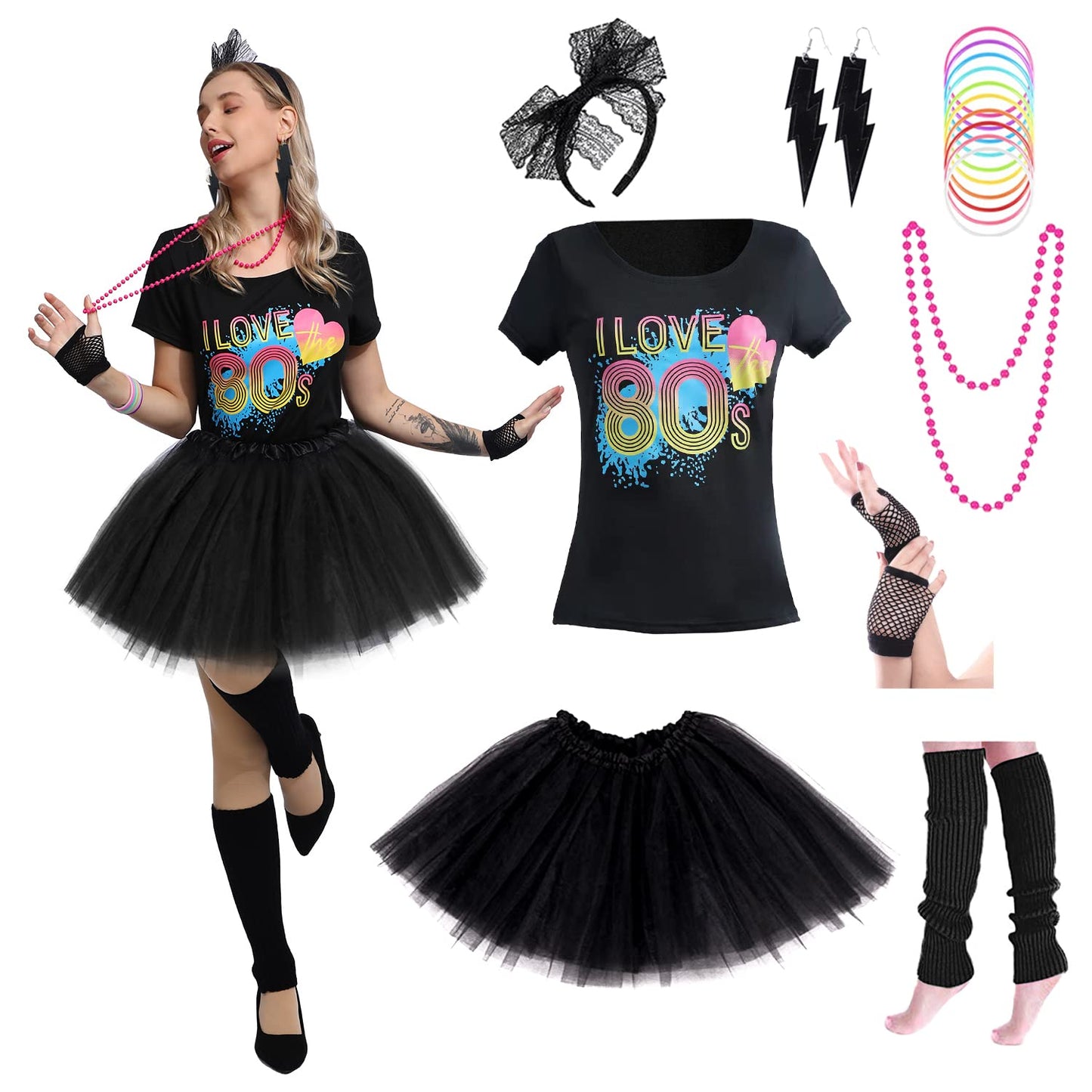 Sincere Party Women's 80s Costume Set Cotton T-Shirt,Pants,Tutus,Leg Warmers,Gloves,Necklace,Bracelets,Headband,Earrings(Black,XXL14-16)