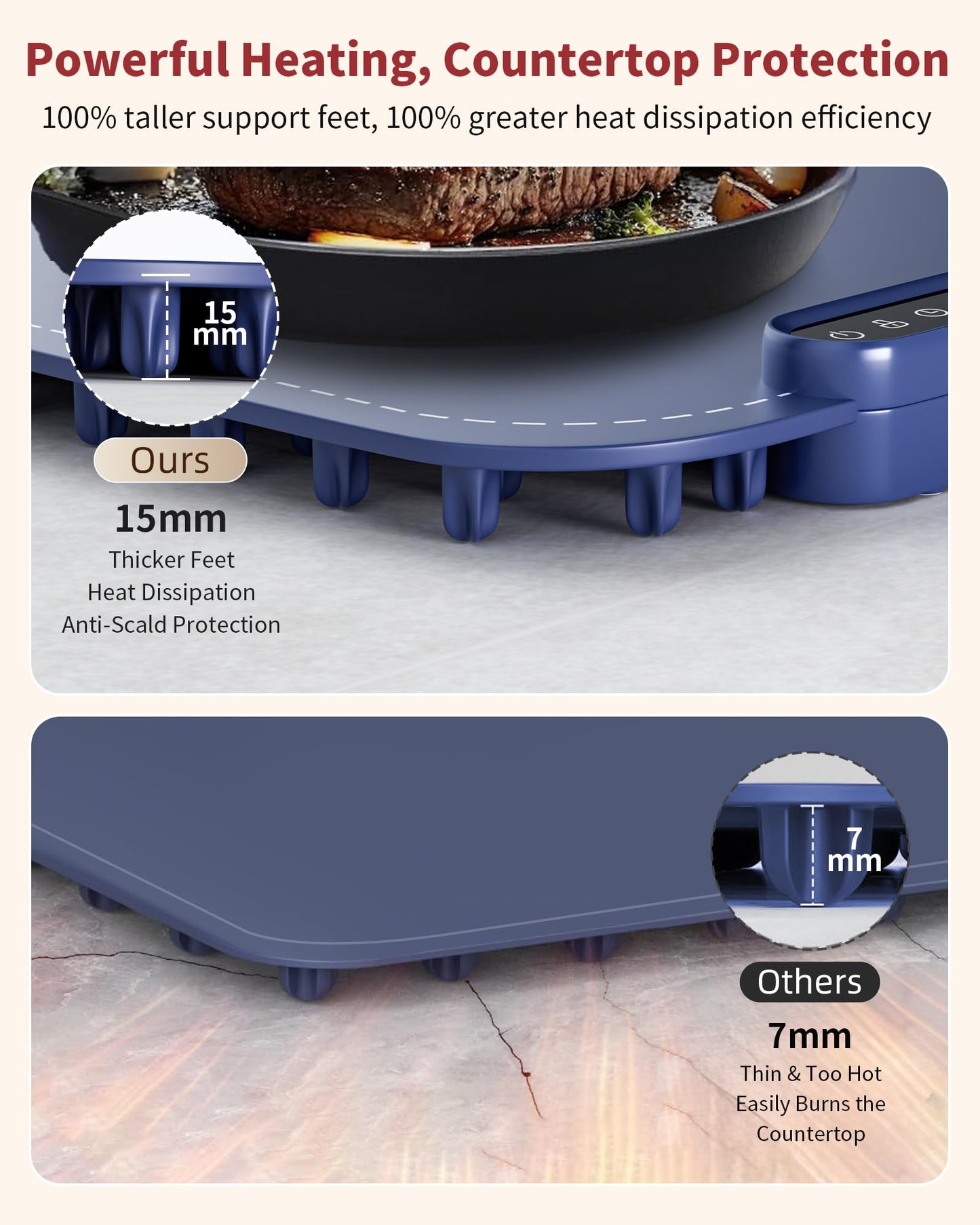 Warming Mat for Food, Upgraded Fast-Heating Electric Warming Tray with 7 Temp Levels & 8 Timers, Buffet Raised Feet & Rollable Silicone Heat Pad, Portable Food Warmer for Home, Party & Travel (Blue)