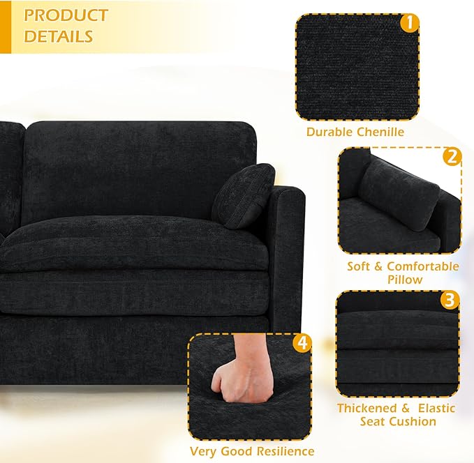 ACMEASE 3 Pieces Chenille Couch Set w/Arm Pillows, Upholstered 2 Pieces Loveseat & 3 Seater Sofa w/Comfortable Back Cushions, Modern 2-Seat & 3-Seat w/High-Density Foam for Living Room, Black