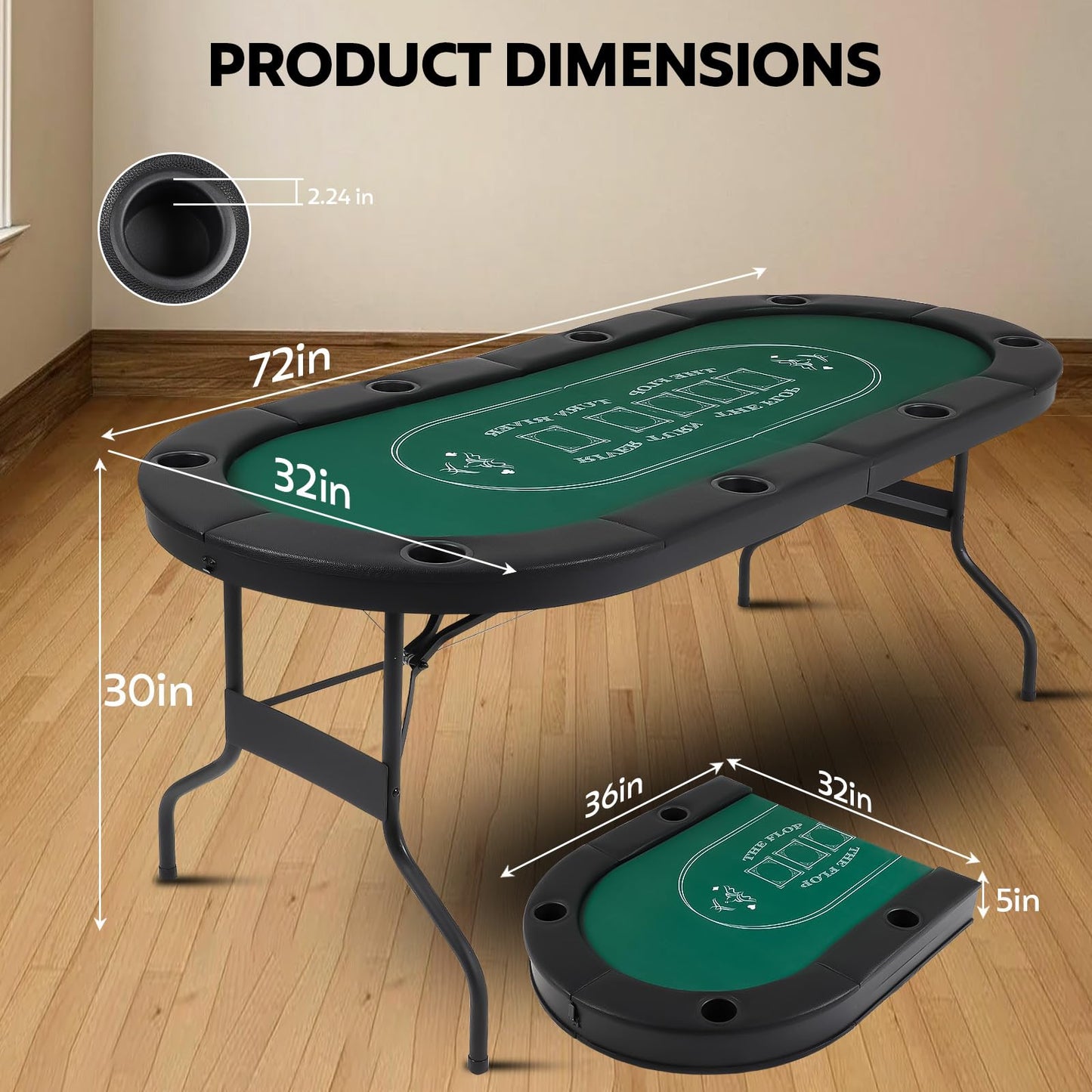 FAHKNS 72" Portable Poker Table, Folding Poker Table, 8 Player Texas Holdem Blackjack Table with 8 Cup Holders, Padded Surface for Casinos & Home