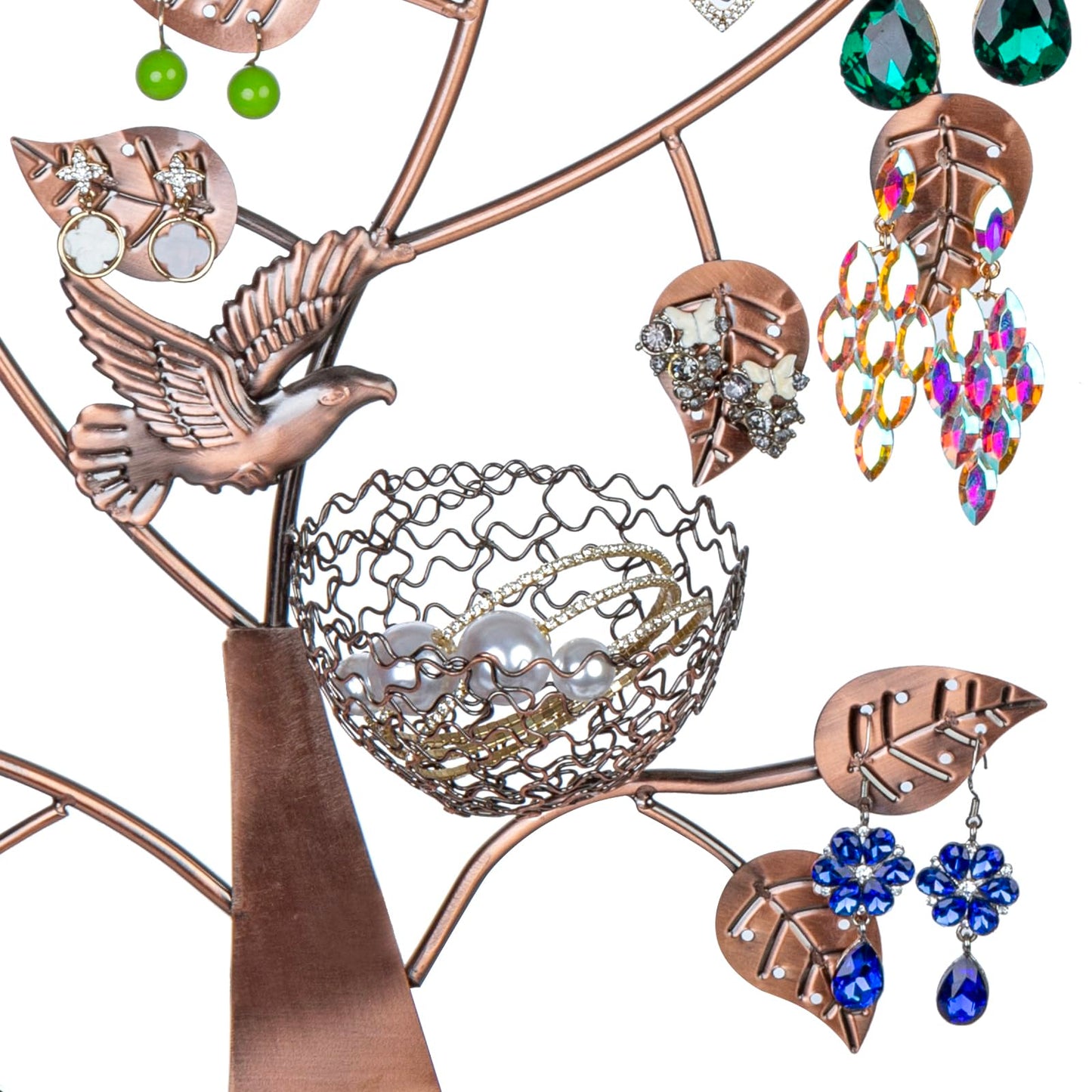 MyGift 14-Inch Modern Bronze Jewelry Organizer Tree with Bird Nest – Holds 48 Earrings, Necklace & Bracelet Stand, Metal Tabletop Display for Rings, Trinkets – Decorative Storage for Home Décor