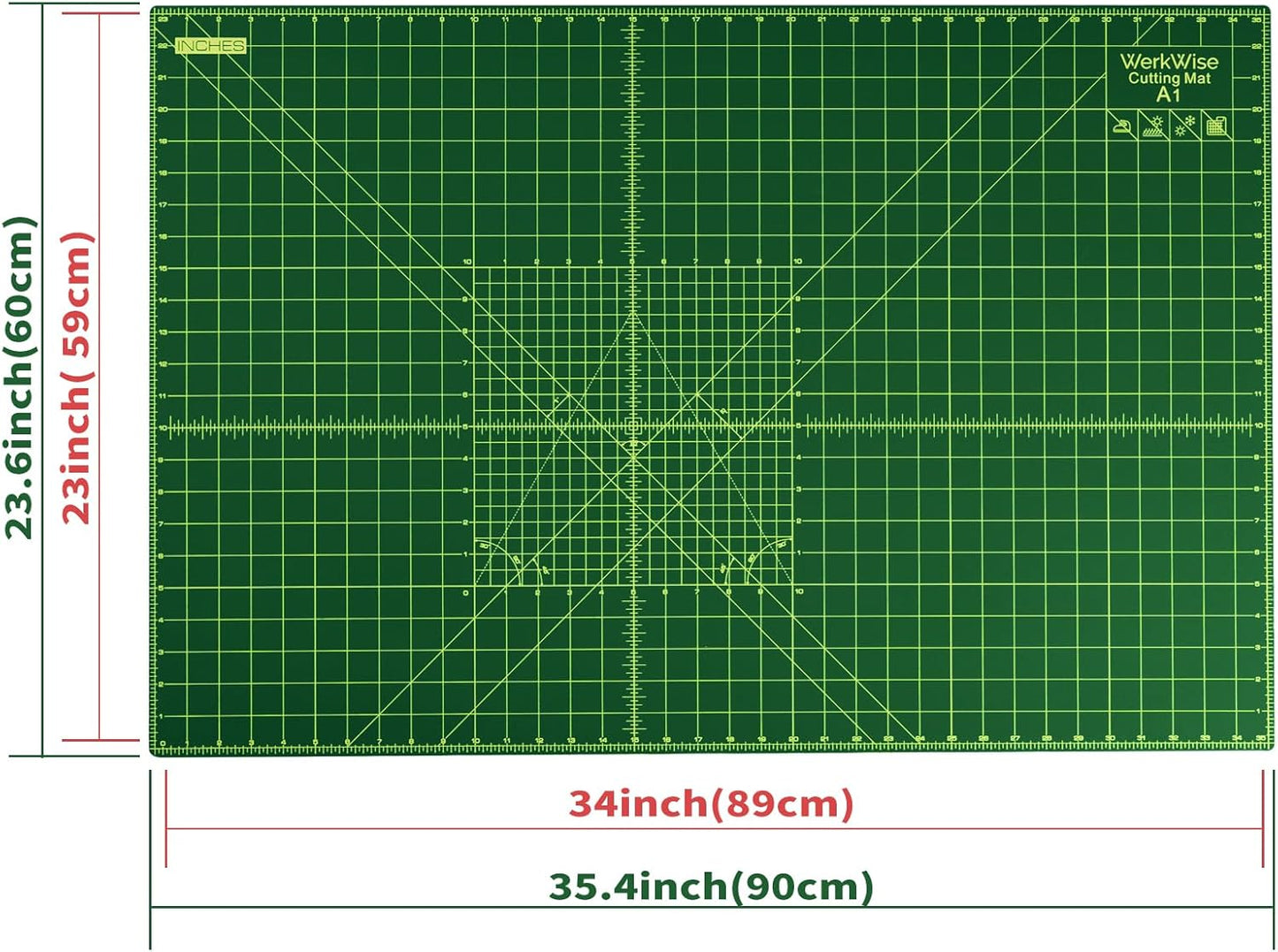 Thickness-Upgraded 24" x 36" Self Healing Sewing Mat, WerkWise Rotary Cutting Mat, Double Sided 5-Ply 24x36 Inch Cutting Board for Quilting, Fabric, & Crafts, Use with Rotary Cutters (Green & Black)