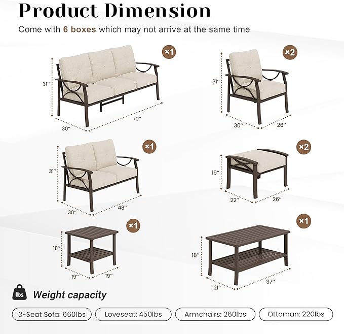FansaFurn 8-Pieces Outdoor Patio Furniture Set, Outdoor Metal Sectional Furniture with Cushions, Outdoor Conversation Seating Set with Coffee Table for Garden, Balcony, Deck, Backyard, Khaki