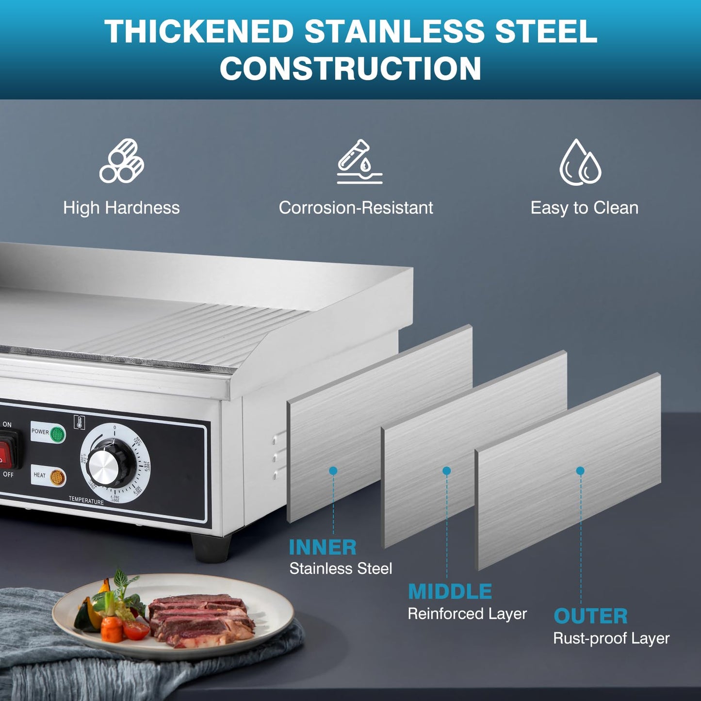 IRONWALLS Electric Griddle Nonstick 22 Inch, Stainless Steel Commercial Griddle for Indoor & Outdoor, 2-IN-1 Half Flat Top Griddle Grill for Restaurant & Home, 122℉-572℉ Adjustable Temperature