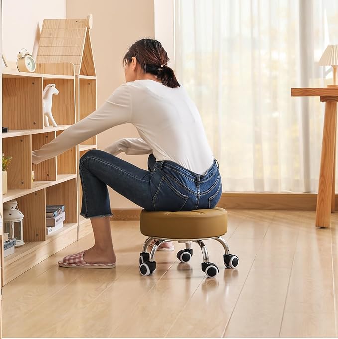 Kaleurrier Low Height Rolling Stool - Heavy Duty Short Stool Chair with Wheels Low to Ground - Small Roller Seat Stools for Home Office Kitchen Repair Shop Mechanic Pedicure Garage Library Camel