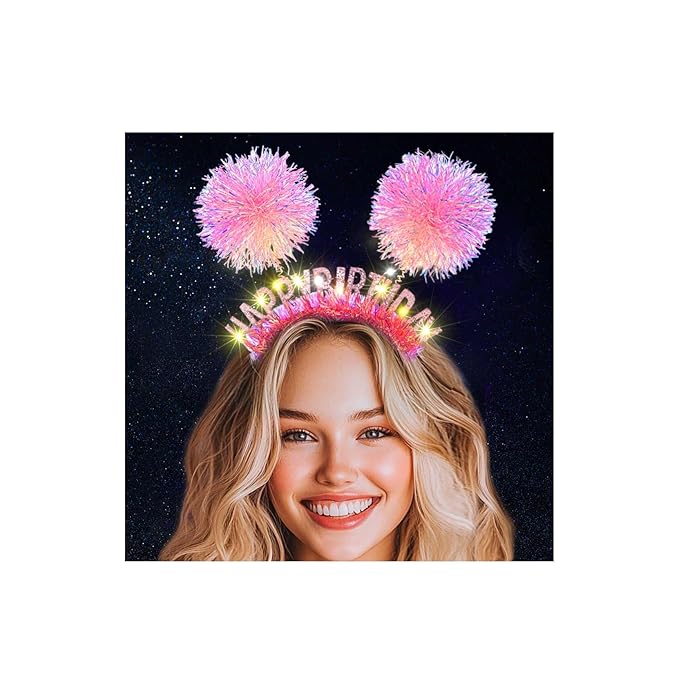 Aceorna Light Up Pink Headbands LED Happy Birthday Crown Hairbands Glowing Pom Pom Hair Accessories for Women
