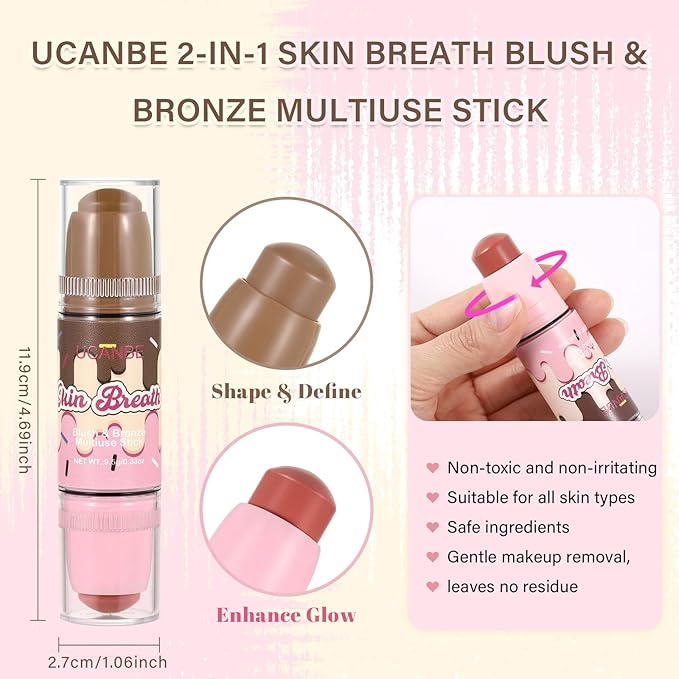 UCANBE Skin Breath Blush & Bronzer Multiuse Stick, 2-in-1 Creamy Face Cheeks Contour Makeup Stick for Natural Radiant Finish Look, Vegan & Cruelty-Free, Travel-Friendly (03 Peach Juice)