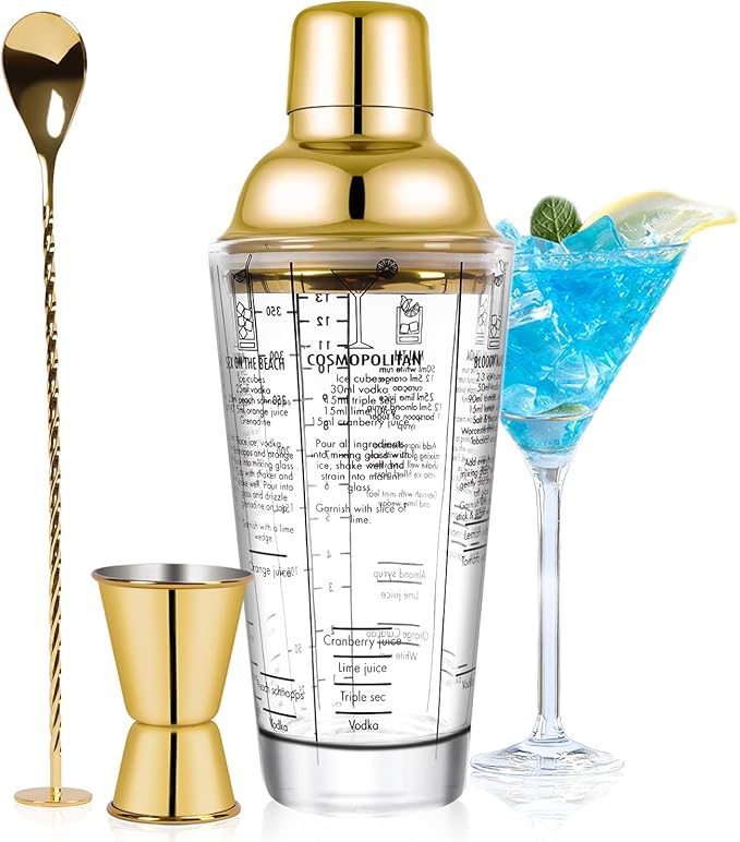 SAVORLIVING 14oz Glass Cocktail Shaker Set, Margarita Mixer-Shaker with Built-in Strainer and Measuring Jigger & Mixing Sp...