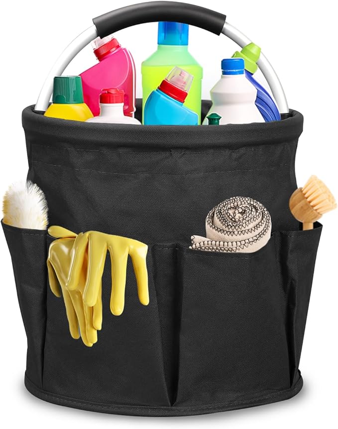 Wearable Cleaning Caddy，Cleaning Supplies Organizer Foldable Basket Bucket Tool with Handle Cleaning Bag for Cleaning Professionals, Auto Detailers, Housekeepers (black)