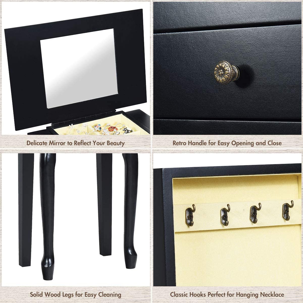 OFFICEJOY Jewelry Armoire Cabinet w/Top Flip Mirror, Wooden Jewelry Storage Chest w/ 4 Drawers, 2 Side Door, 8 Necklace Hooks, Standing Jewelry Organizer for Ring Necklace Bracelet (Black)