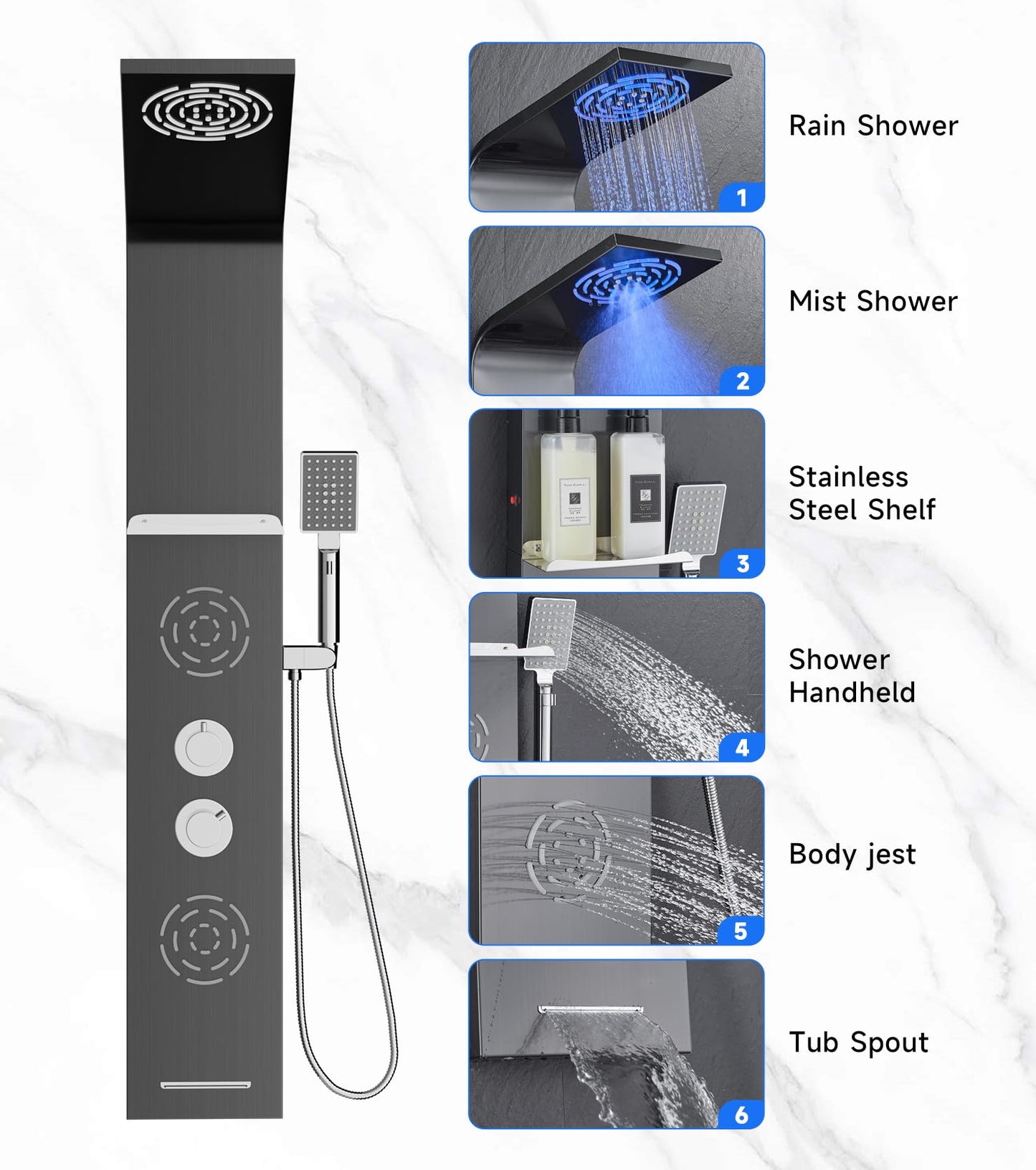 POPFLY Shower Panel, LED Rainfall & Waterfall Shower Head, 5-in-1 Shower System with Body Massage Jets, Handheld Spray, Tub Spout, Stainless Steel Wall Mounted Shower Tower, Brushed Nickel