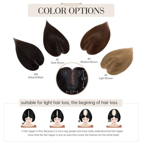 Elodia Real Human Hair Toppers for Women - No Bangs, Breathable Clip-in Remy Hair Topper - 10inch, 2# Dark Brown