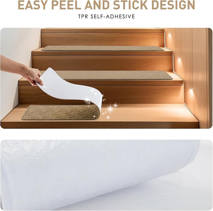 Stair Treads for Wooden Steps, 8" X 30" Non Slip Stair Runner Carpet Indoor with Reusable Adhesive Backing, Soft Tread Mat for Stairs, Ideal for Home, Polyester TPR Backing Stair Rugs-Beige 15 Pack