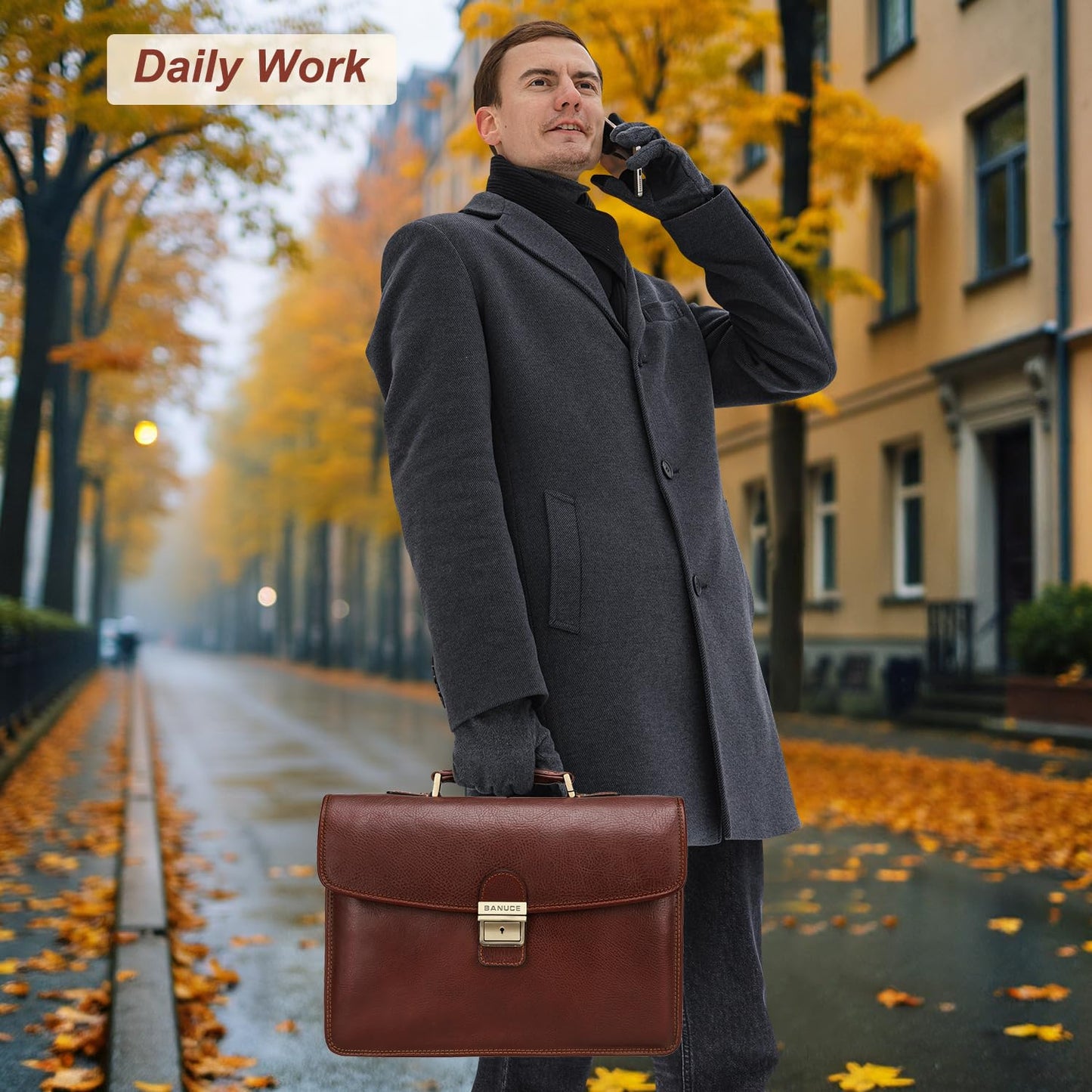 Banuce Italian Full Grain Leather Briefcase for Men, Brown