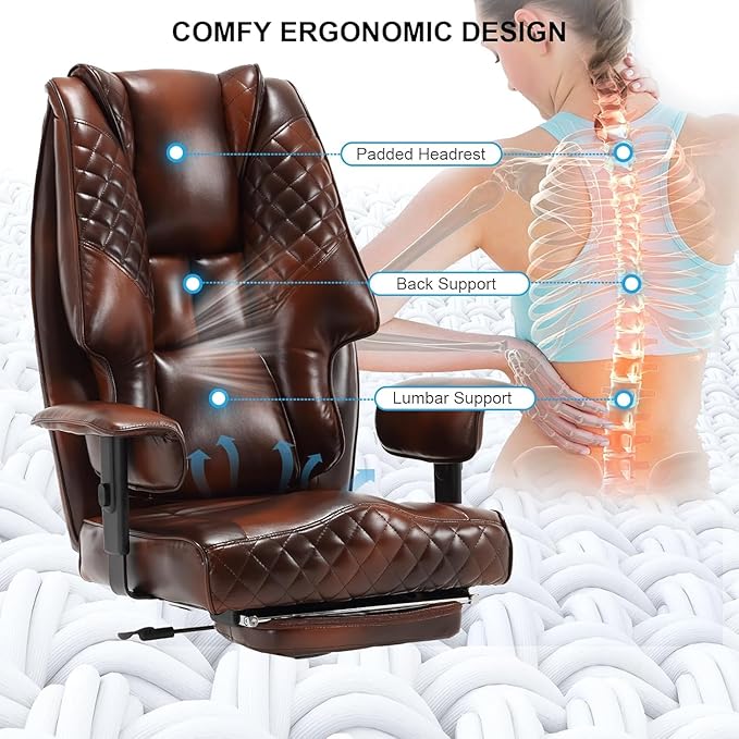 500lb Office Chair, Big and Tall Reclining Office Chair with Footrest, Leather Executive Computer Chair with Wide Seat Recliner Home Desk Chairs with Wheels & Lumbar Support for Heavy People,Brown