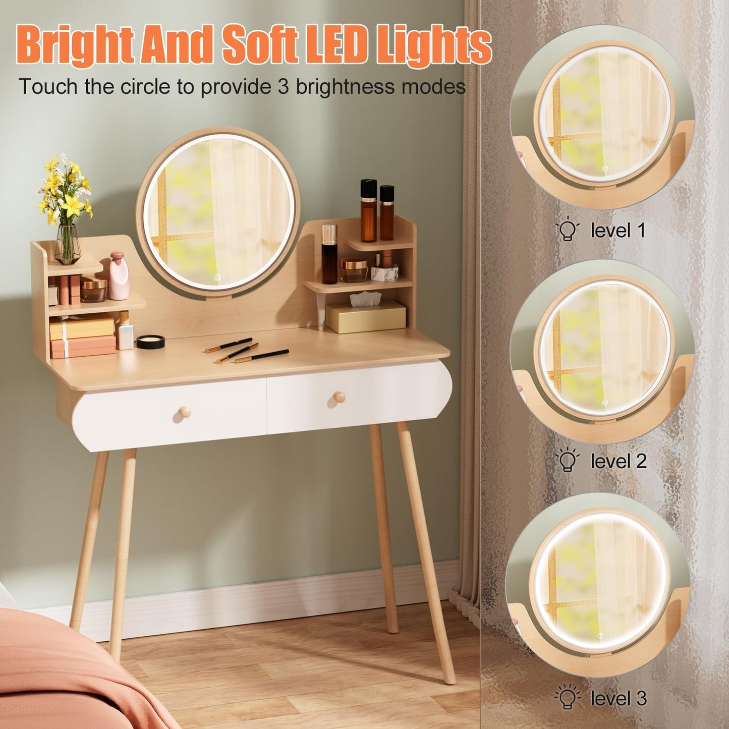 yoakaiax Vanity Mirror with Lights Makeup Vanity Desk with LED Lighted Mirror, Dressing Table with 2 Drawers and Opening Shelves, Bedroom Dressing Table, 3 Modes Brightness Adjustable Wooden Color
