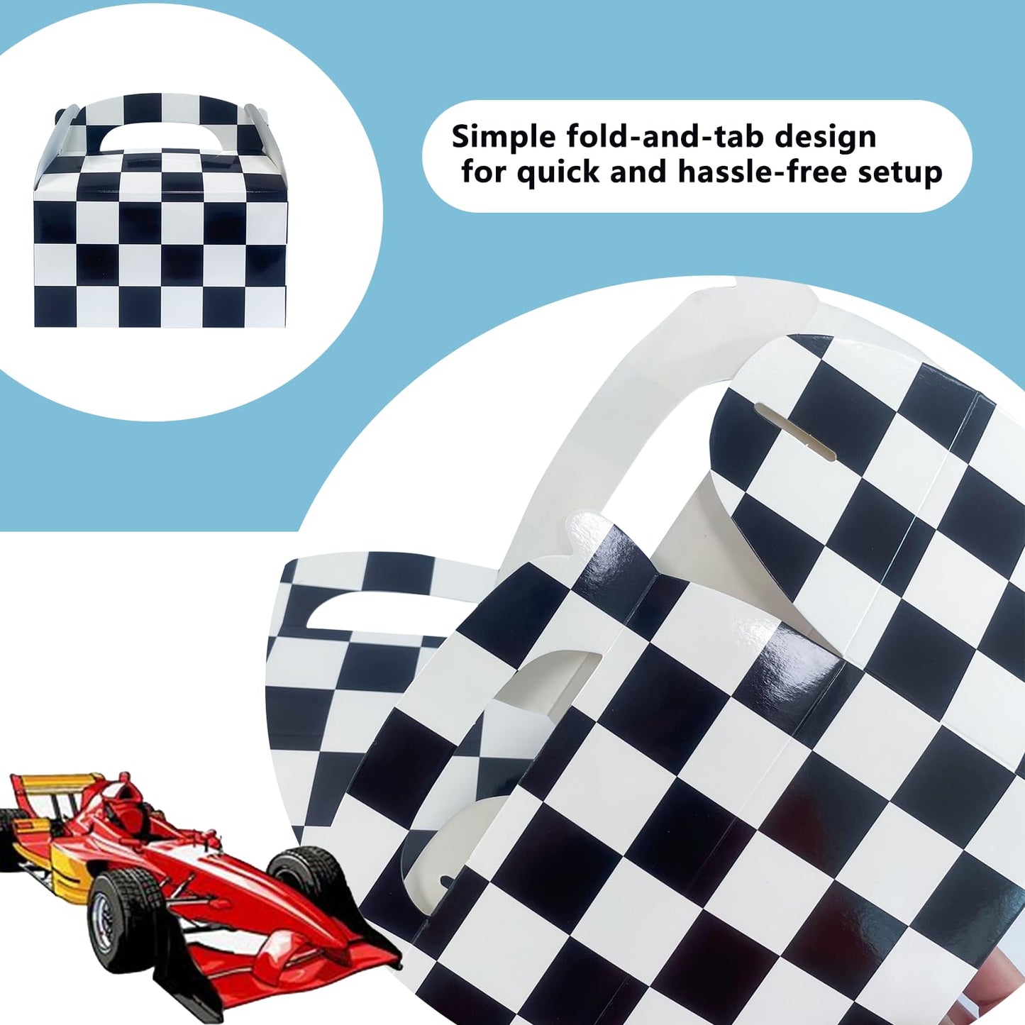 Adorox Set of 24 Checkered Racing Treat Boxes - Race Car Theme Party Favors, Birthday Party Supplies, Gift Boxes for Kids, Party Decorations