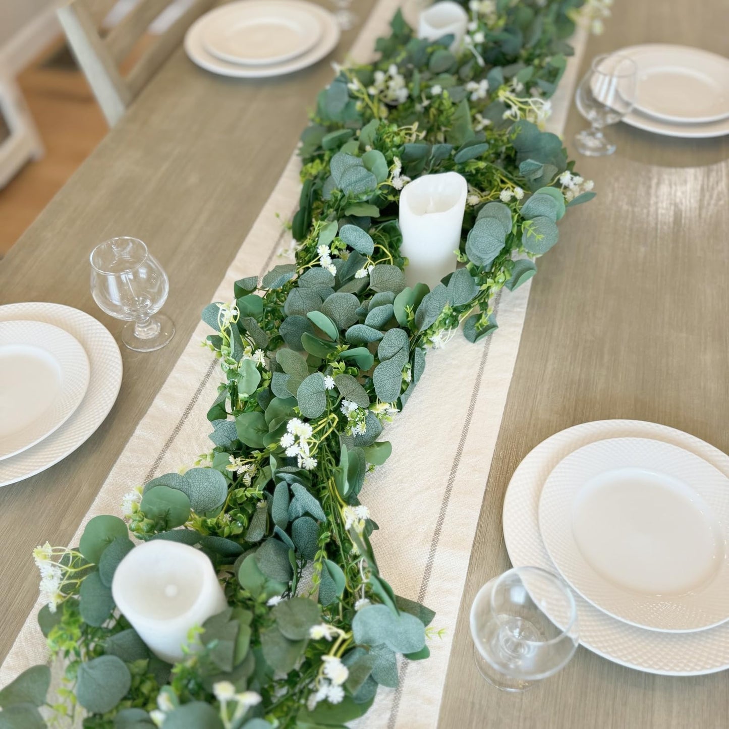 CQURE 5Pcs Eucalyptus Garland,Artificial Eucalyptus Leaves Table Greenery Garland Wreath Vines for Wedding Table Fireplace Bedroom Room Decor