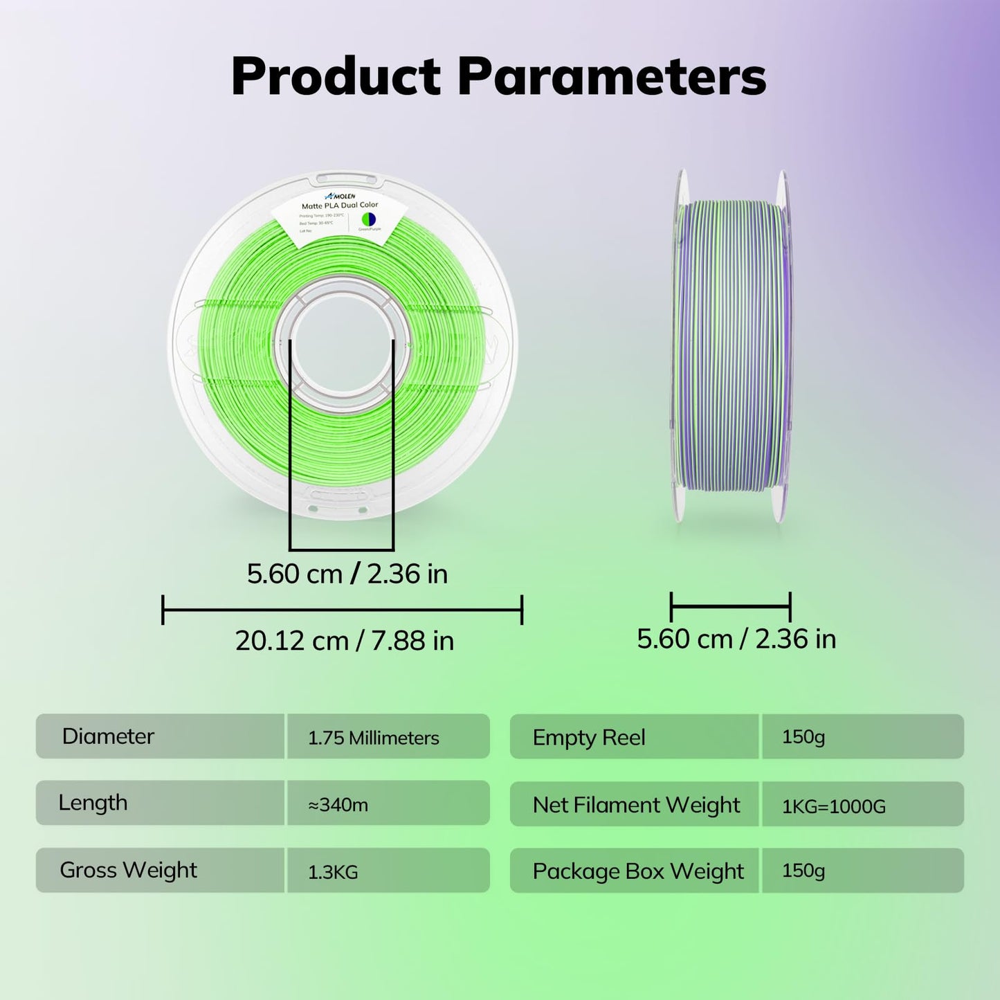 AMOLEN Matte PLA 3D Printer Filament - Dual Color Green Purple Filament, Smooth Finish Color Change 3D Printing Filament 1.75mm, 1KG/2.2lb