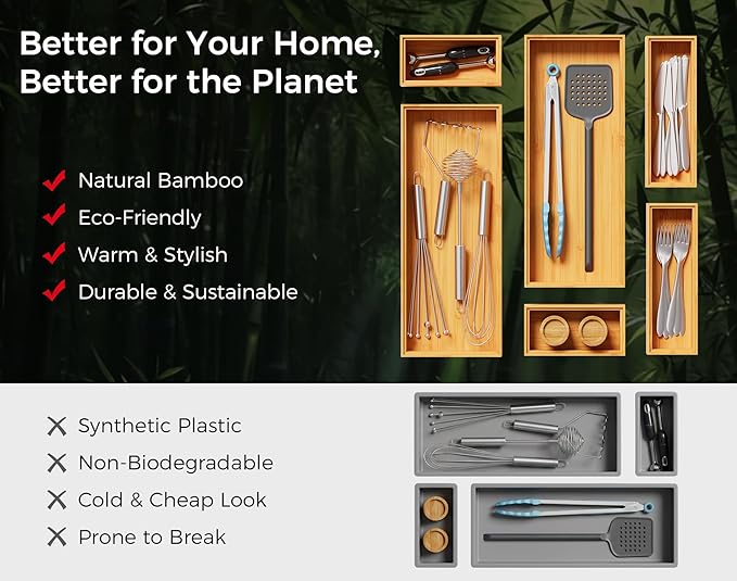 Bamboo Kitchen Drawer Organizer Boxes – 9" x 3" Stackable Wood Silverware Utensil Tray for Drawers Bins, Cutlery & Flatware Storage – Wooden Organizers Set of 2 for Junk Drawer, Bathroom, RV