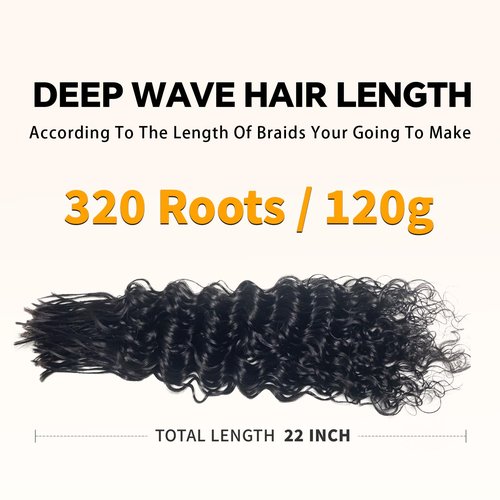 Pre-Divided Deep Wave Human Braiding Hair for Boho Braids Bulk Hair Pre-stretched Human Braiding Hair Deep Wave For Black Women (Natural Black, 22 Inch - 320 Roots/120g)