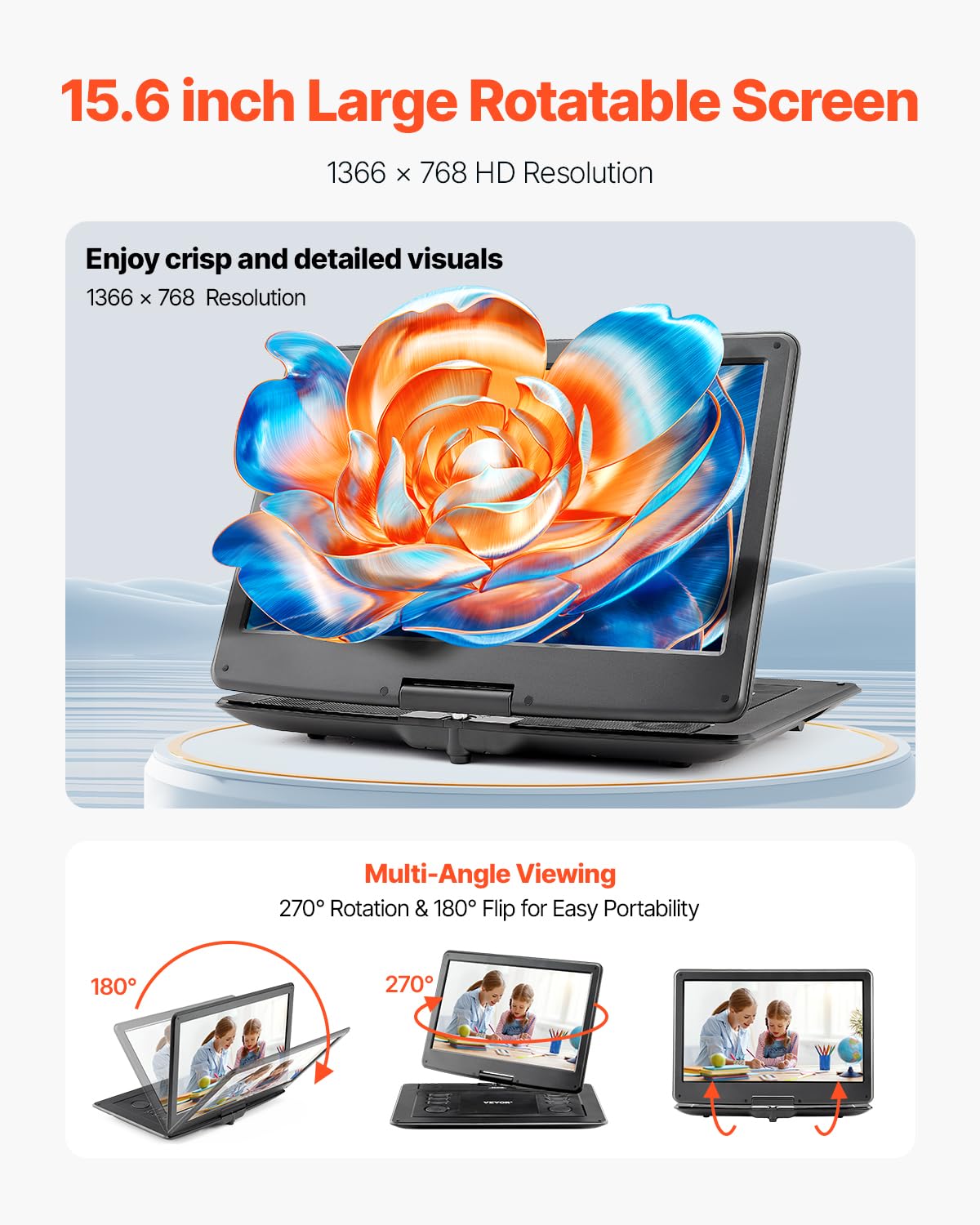 Vevor 17.5 Portable Dvd Player With 15.6 Inch Hd Swivel Display Screen, 4.5-5 H Built-In Rechargeable Battery, Dual Speakers, Su