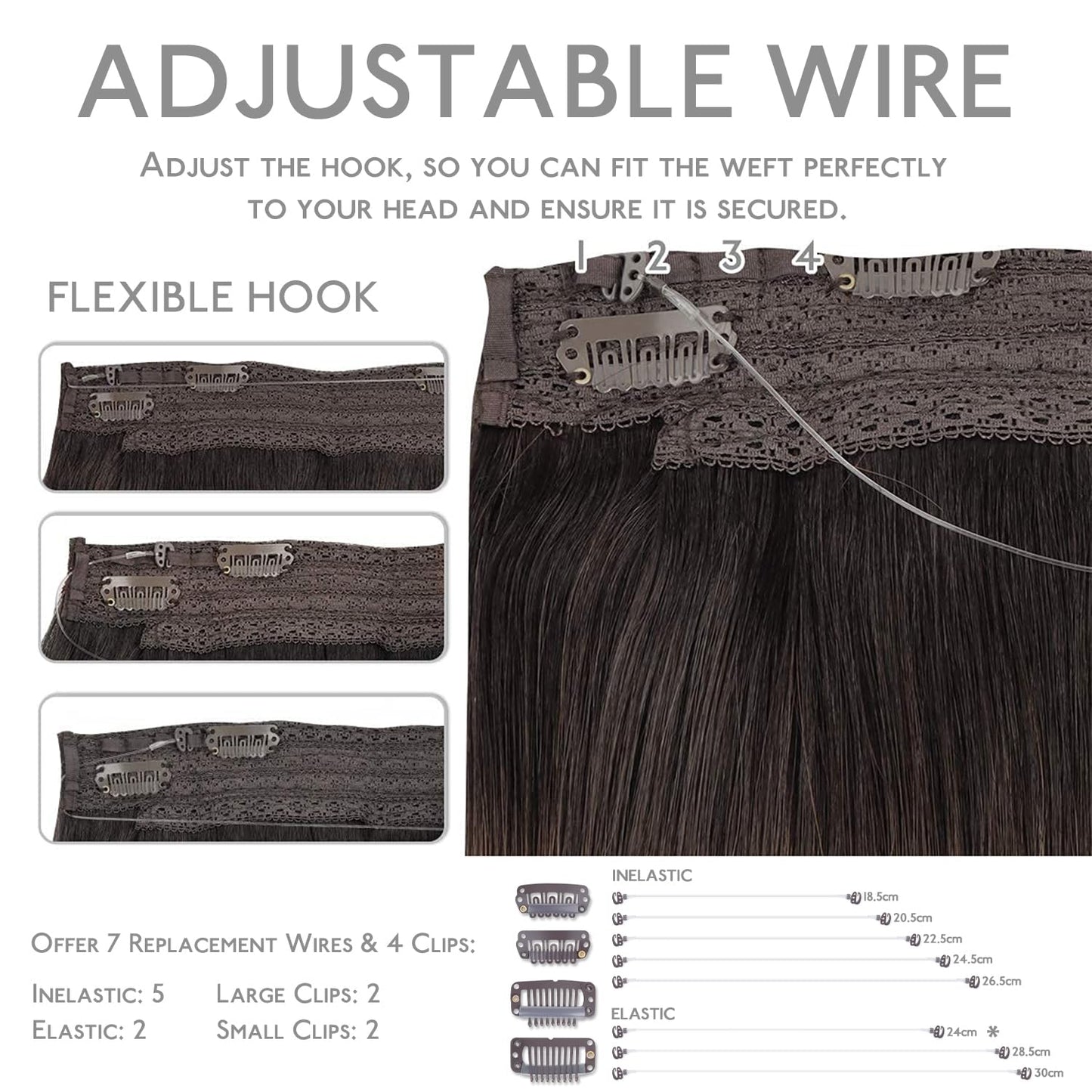 WENNALIFE Wire Hair Extensions (Increase 50% Lifespan) Real Human Hair 22 inch 150g Balayage Natural Black to Chestnut Brown Rem