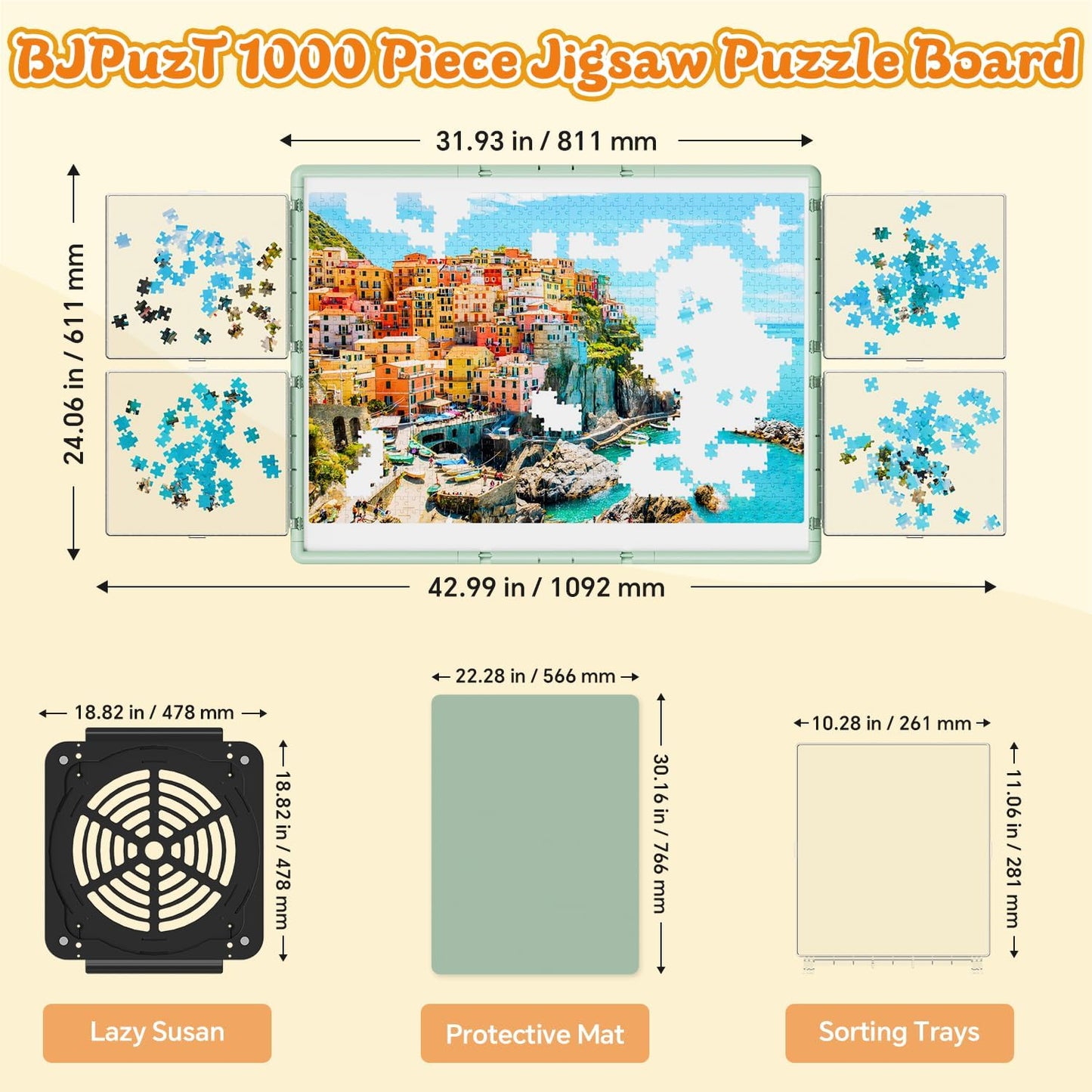 1000 Pieces Rotating Plastic Puzzle Board 3-in-1 Double-Sided/Tilting/Rotating, Portable Table 31.93"x24.06" Spinning Jigsaw Puzzle Table with Cover Lazy Susan Gift for Seniors Adults and Kids