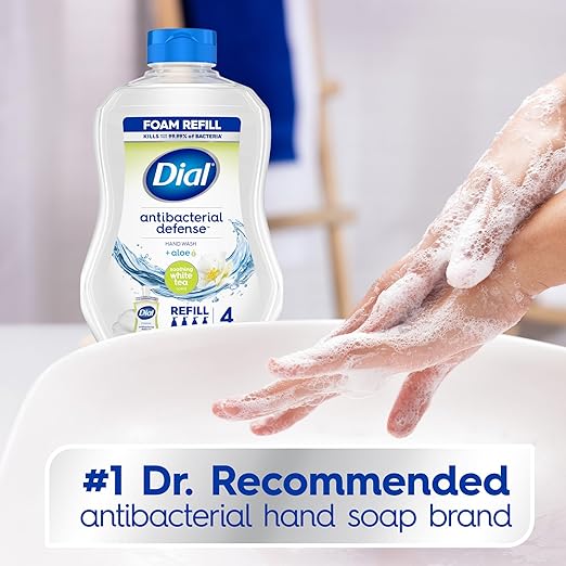 Dial Antibacterial Defense Foaming Hand Soap + Aloe, Soothing White Tea, 30 Fl Oz Hand Soap Refill (Pack of 4), Dermatologist-Tested, Gentle on Skin