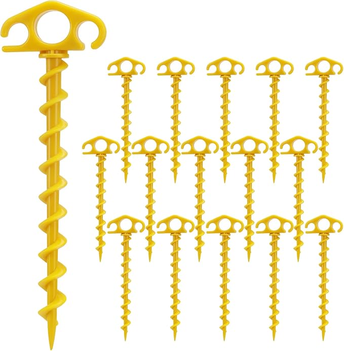 COBARYEN Tent Stakes Ground Anchors Screw in, 16 Pack Sand Stakes for Beach 9.4 Inch Heavy Duty Spiral Tent Pegs for Camping, Party, Hiking, Outdoor Decoration (16, Yellow)