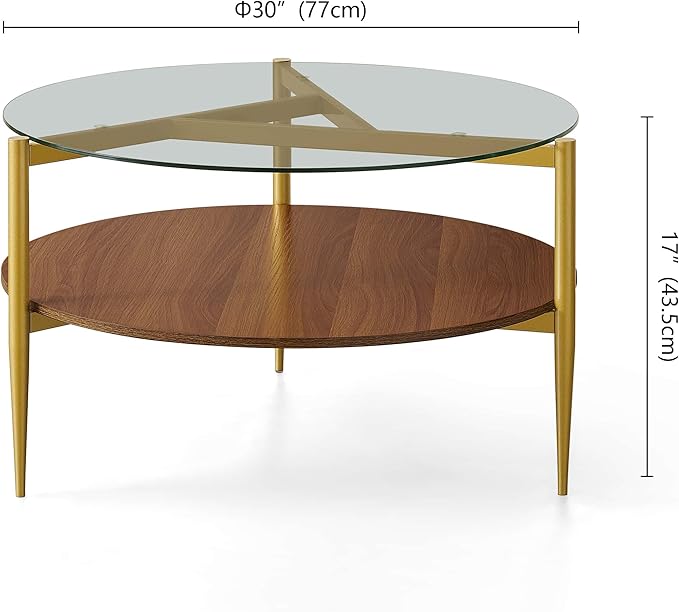 Pine Flicker Round Coffee Table, Mid-Century Modern Design, D30*H17 inch, for Living Room, 2-Tier Structure, Clear Glass Top and Walnut MDF Shelf, Sleek Conical Metal Legs with Gold Finish