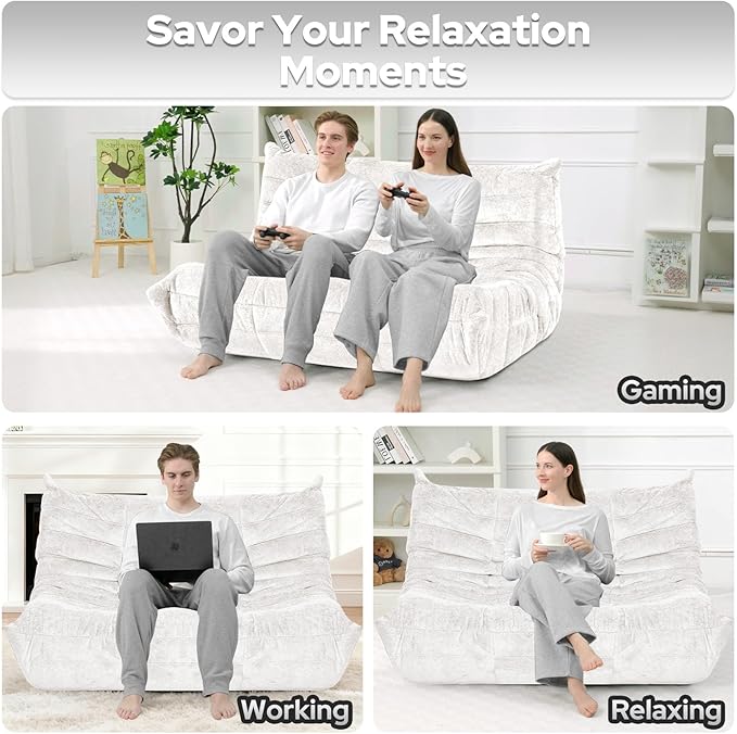 HABUTWAY Bean Bag Chair, Giant Bean Bag Chairs for Adults, Loveseat Fireside Chair, 2 Seater Lazy Bean Bag Sofa Memory Foam Couch for Living Room, Bedroom, Office (Beige)