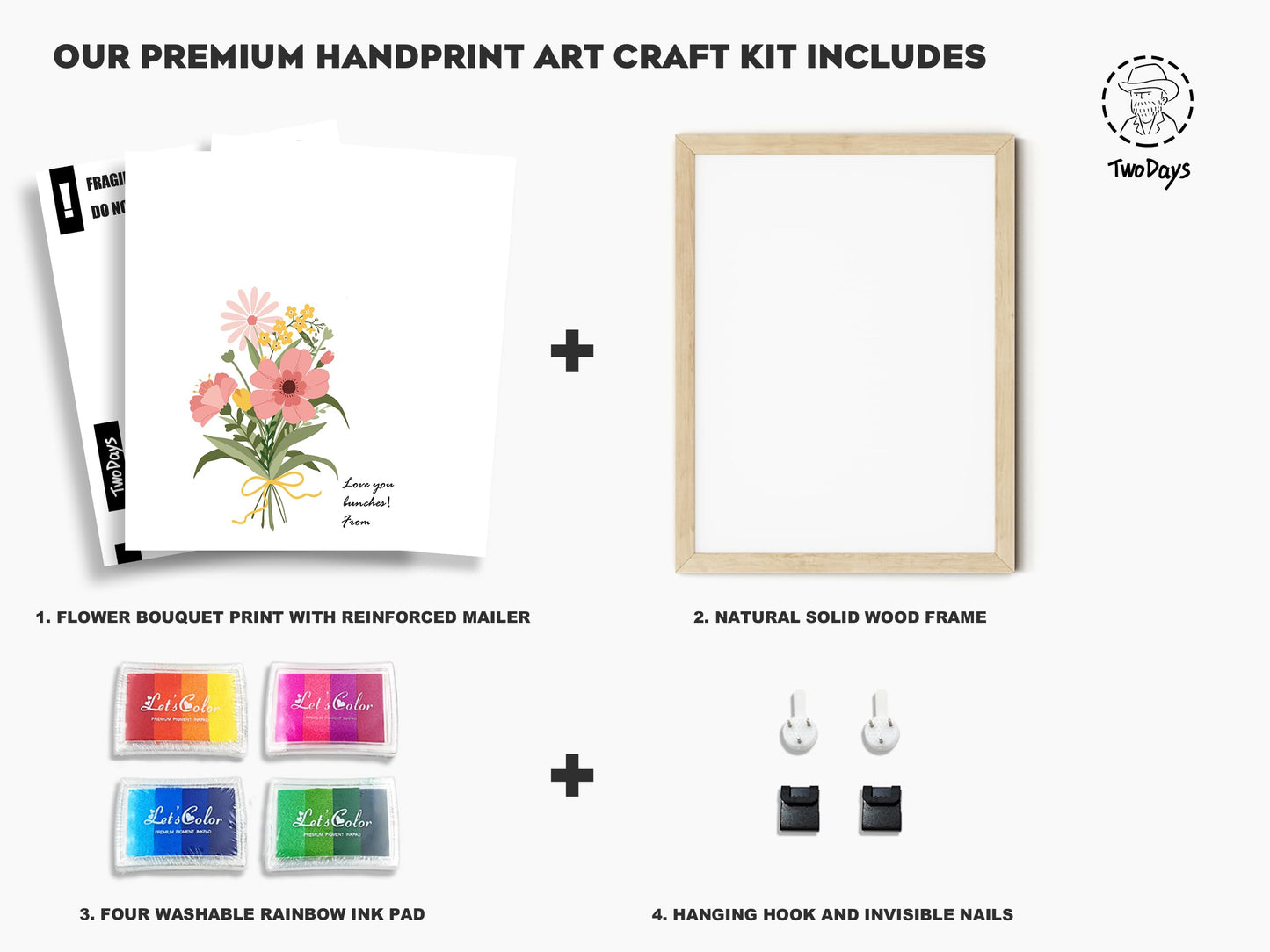 TwoDays Flower Bouquet Handprint Art Craft DIY Kit, Unique Gifts for Mom from Daughter or Son for Mother's Day Birthday Christmas, Gift for Grandma.(12" X 16", with Wood Frame)