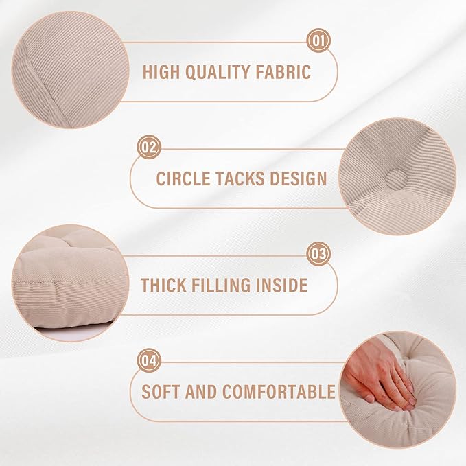 Tiita Round Office Chair Cushions 22x22 Inch Outdoor Seat Pads Set of 2 Throw Floor Pillows for Adults Sitting Patio Garden, Beige
