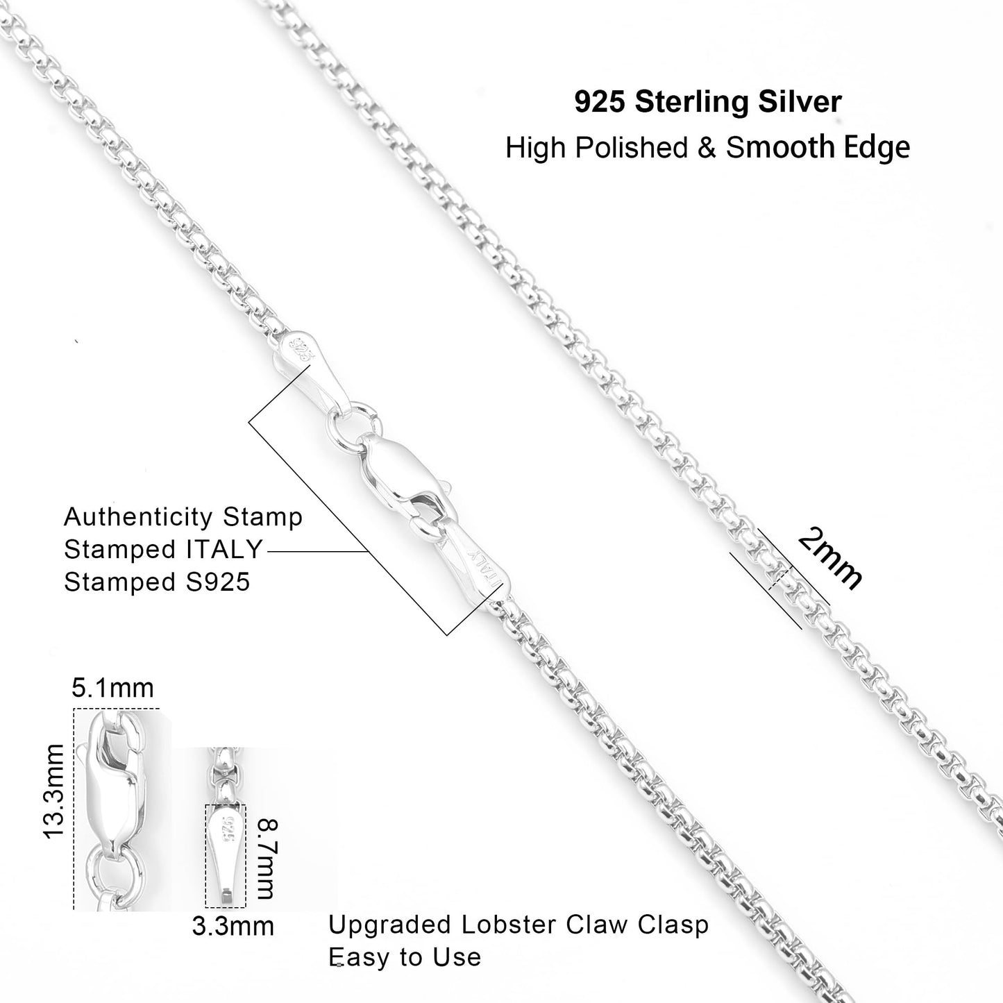Waitsoul 925 Sterling Silver Box Chain Lobster Clasp 2mm Silver Chain for Women Men Silver Necklace Chain 16-30 Inches (26)