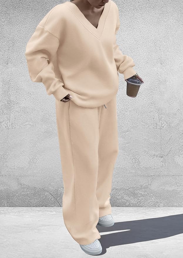 PRETTYGARDEN Casual Winter Two Piece Sets for Women 2026 V Neck Sweatshirt Loose Wide Leg Pants Tracksuit Knit Fall Outfits