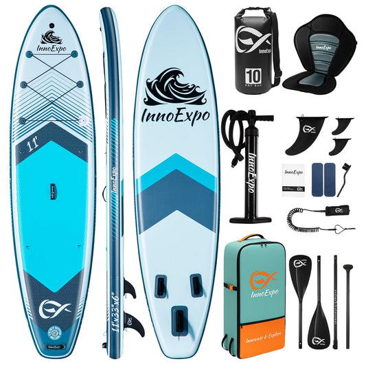InnoExpo Inflatable Stand Up Paddle Boards with Premium Accessories, Wide Stable SUP Paddle Board Design, Non-Slip Comfort Deck for Youth & Adults (Marine/Kayak Seat, 11'x33''x6'')