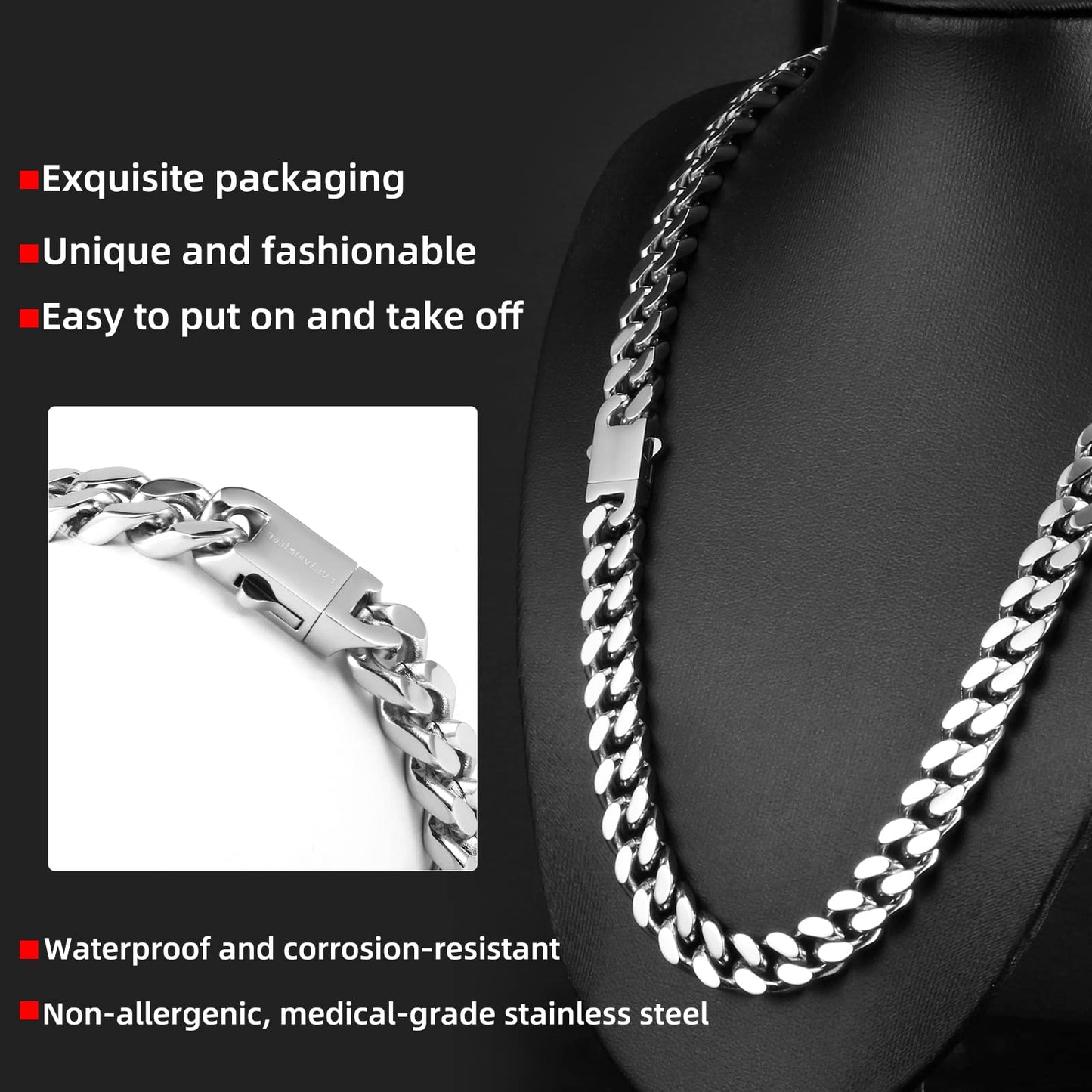CaptianSteel Miami Cuban Chain Necklace for Men/Women,316L Stainless Steel 5/9MM Width 18/20/22/24Length Fashion Snap Button Hip