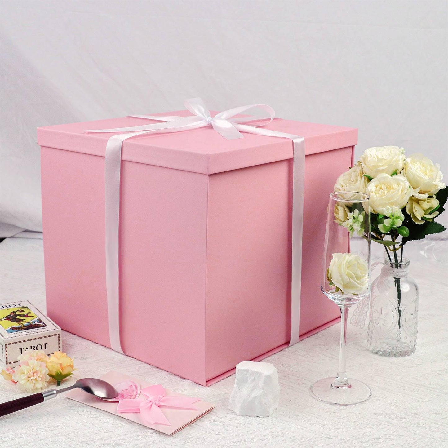 UoeRing Large Gift Box with Lid 12x12x11 Inch,Pink Gift Boxes for Presents Packaging for Birthdays,Valentine's Day,Mother's Day,Christmas with Ribbon Card Envelope Shredded Paper Fill (Matte Pink)